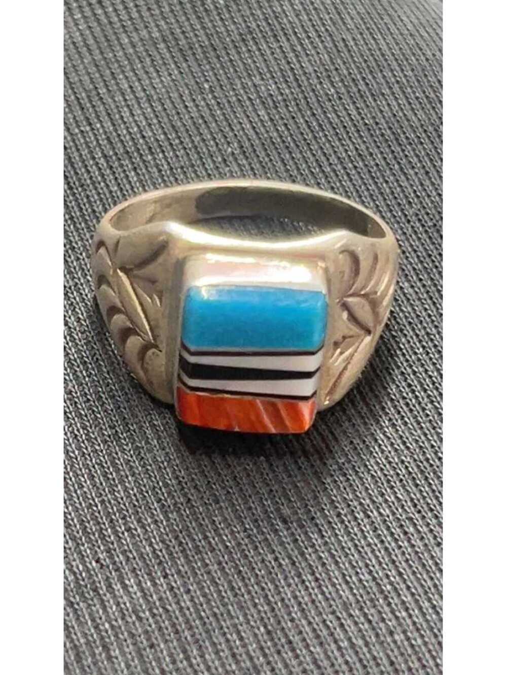 Navajo sterling silver turquoise spiny oyster, mother of pearl design ring size